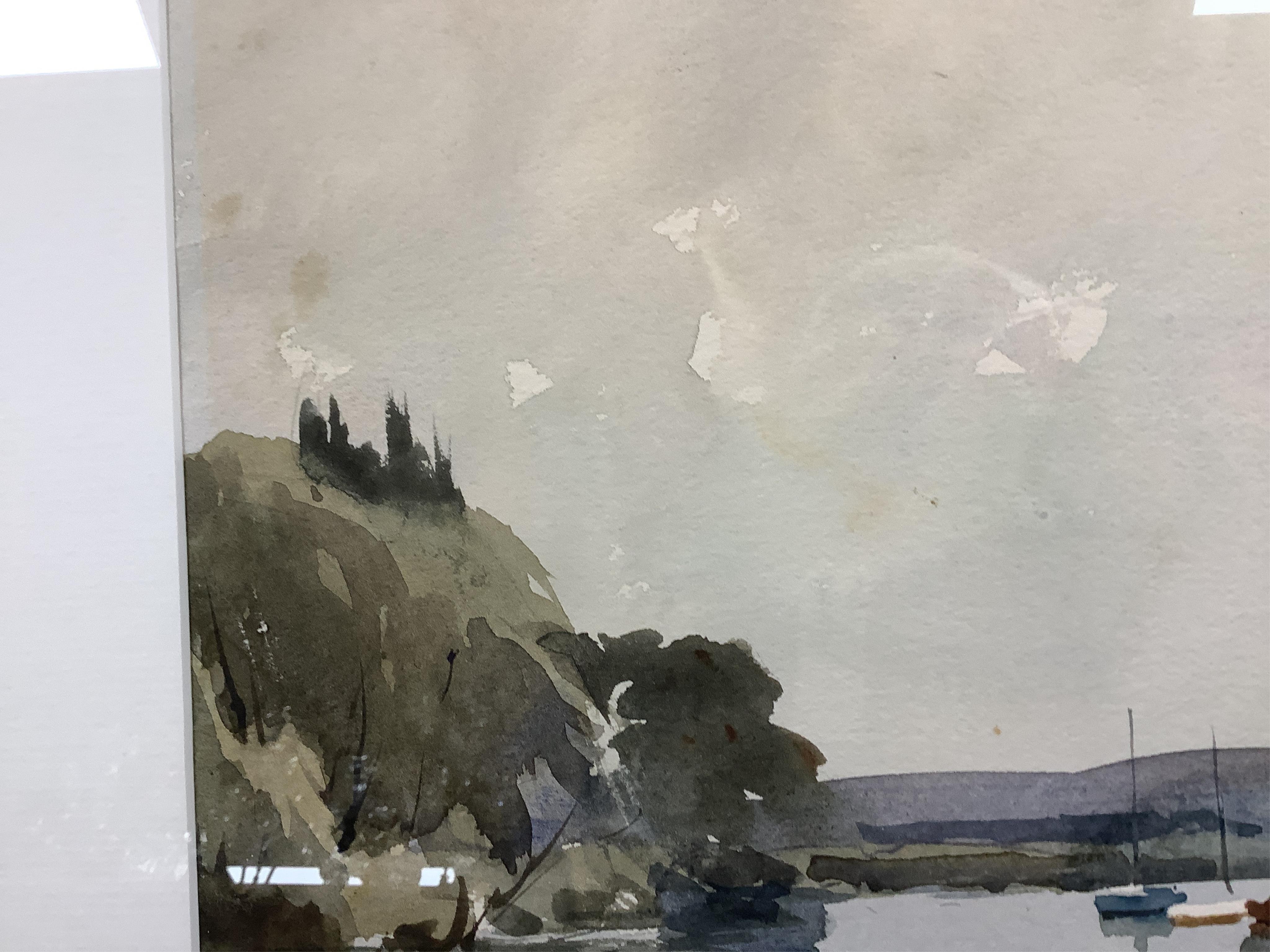 Edward Wesson RI RSMA (1910-1983), Riverscape with figures and fishing boats, signed, watercolour, 31 x 50cm